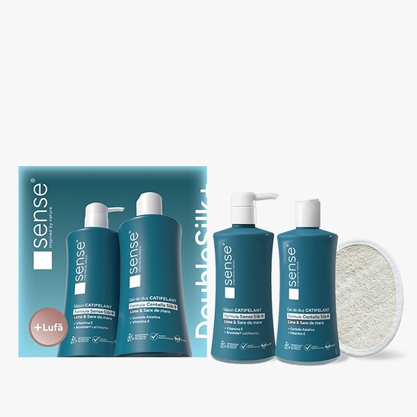  Set Cadou cu Lufa, DoubleSilk+ Lime & Sare de mare, Sapun lichid gel 330ml & Gel de dus 330ml – SENSE