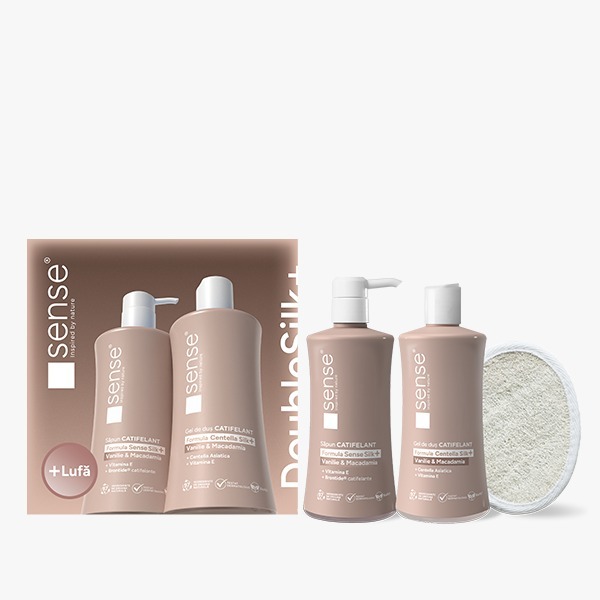 Set Cadou cu Lufa, DoubleSilk+ Vanilie & Macadamia, Sapun lichid gel 330ml & Gel de dus 330ml – SENSE