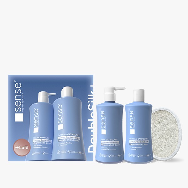 Set Cadou cu Lufa, DoubleSilk+ Magnolie alba & Casmir, Sapun lichid gel 330ml & Gel de dus 330ml – SENSE