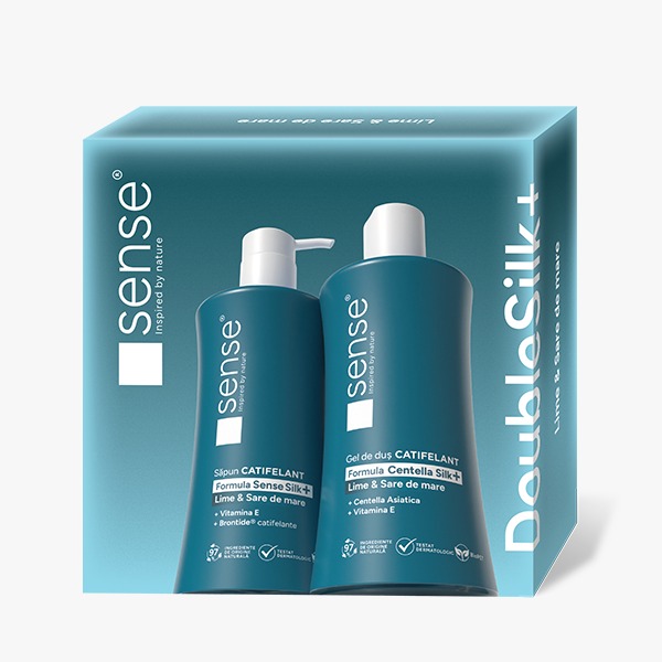 Set Cadou DoubleSilk+ Lime & Sare de mare, Sapun lichid gel 330ml & Gel de dus 330ml – SENSE