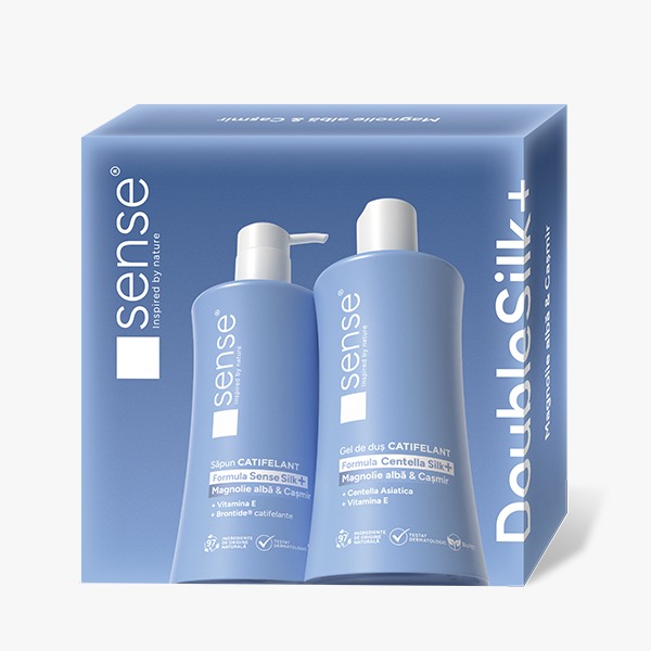Set Cadou DoubleSilk+ Magnolie alba & Casmir, Sapun lichid gel 330ml & Gel de dus 330ml – SENSE